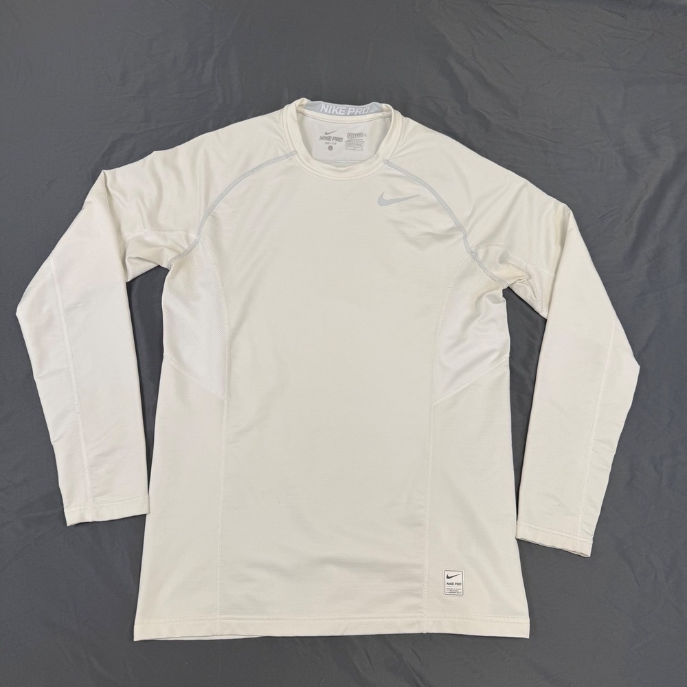 Vtg Nike Pro Dri-FIT Mens L Fitted Long-Sleeve Base Layer Top White 659814-100